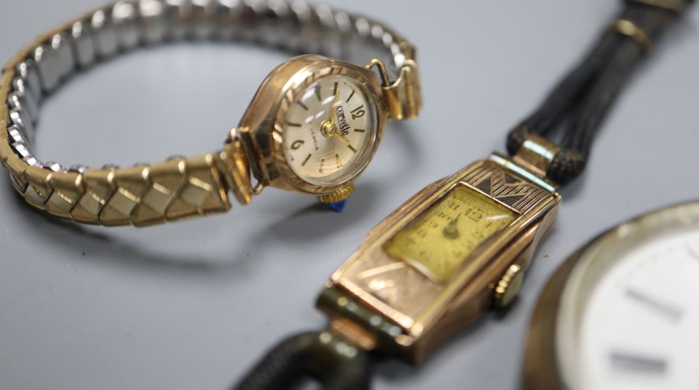 Assorted wrist watches including 9ct gold and a silver pocket watch.